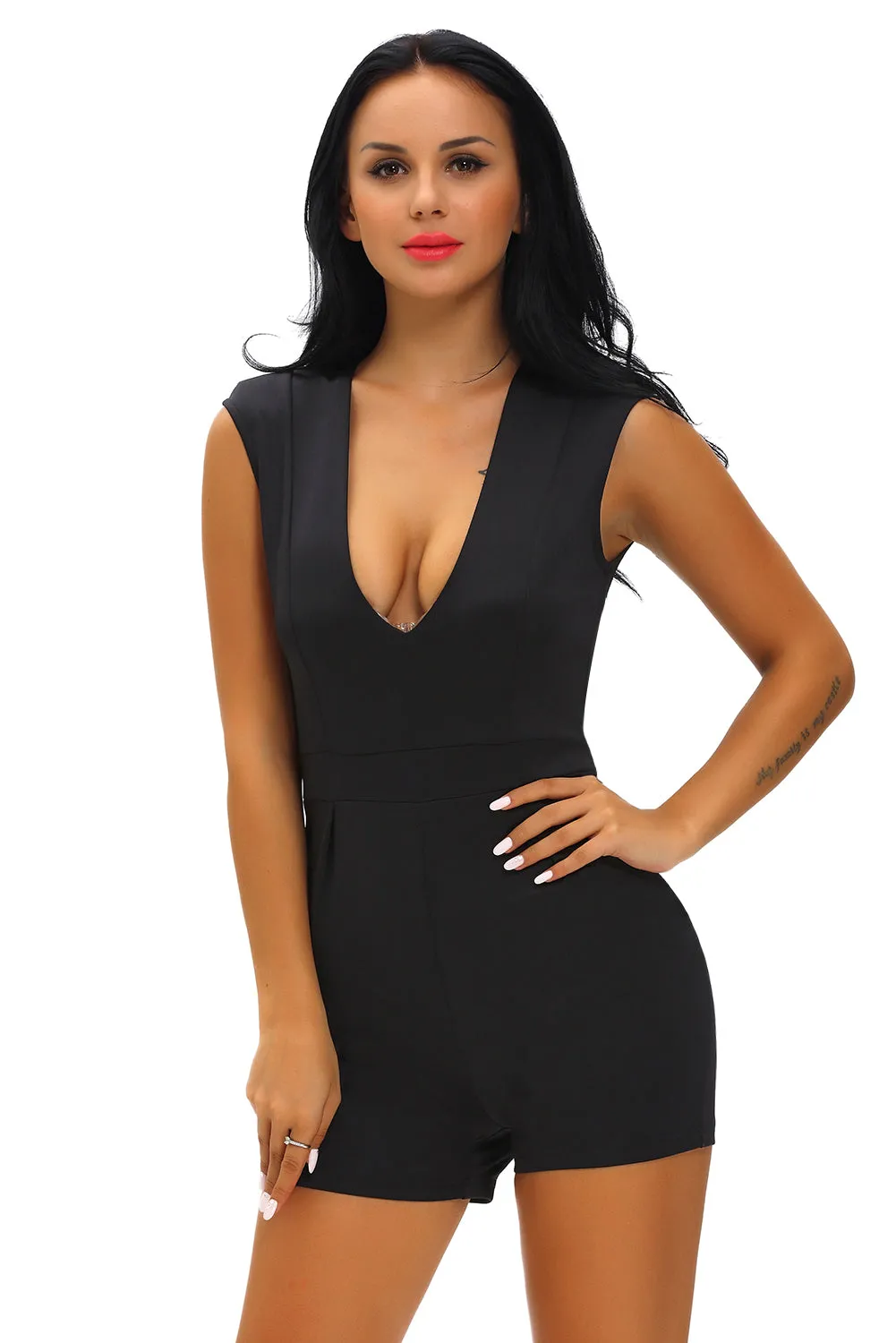 Black Deep V Neck Romper Outfit