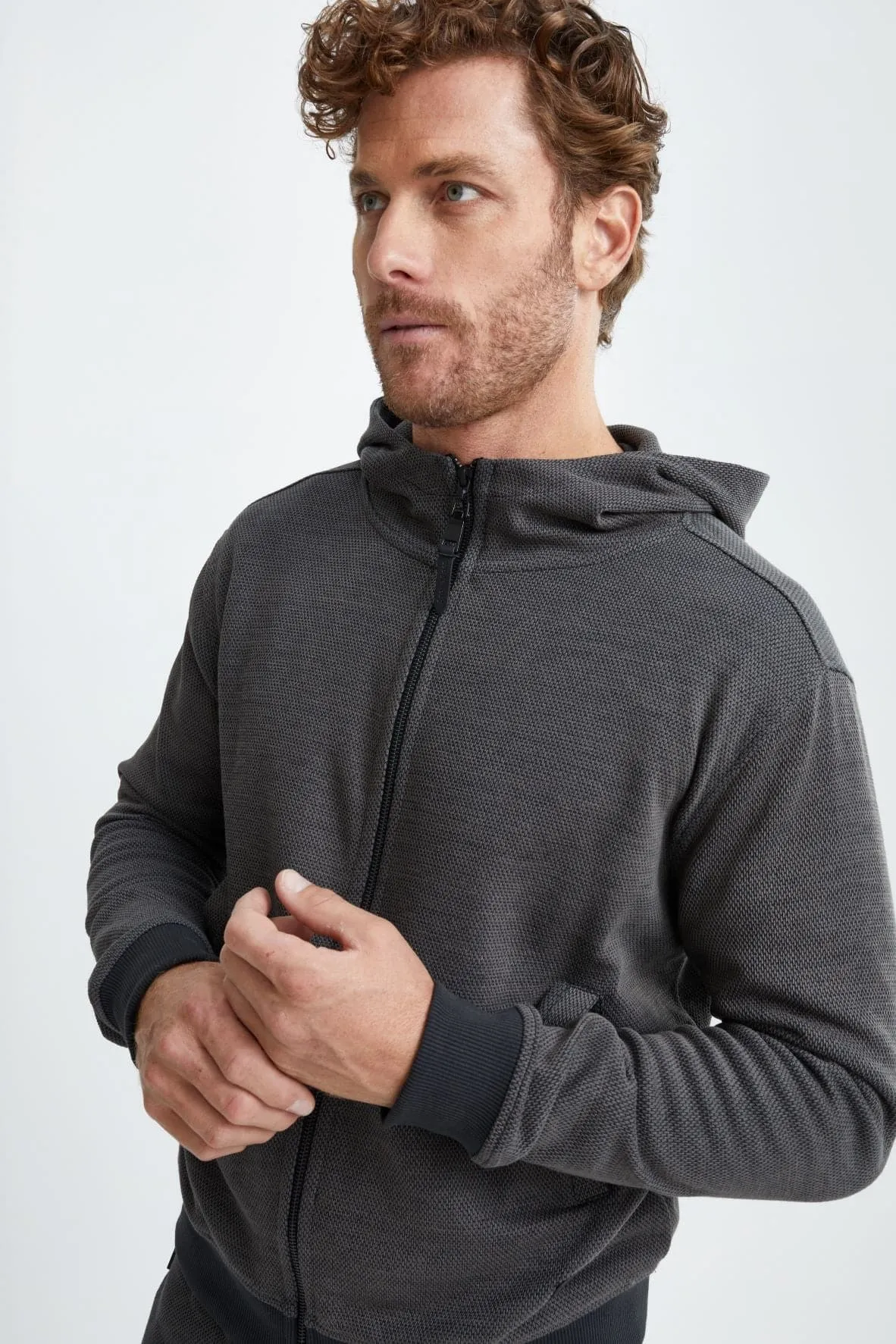 Black Jacquard Knit Zip Front Hoodie