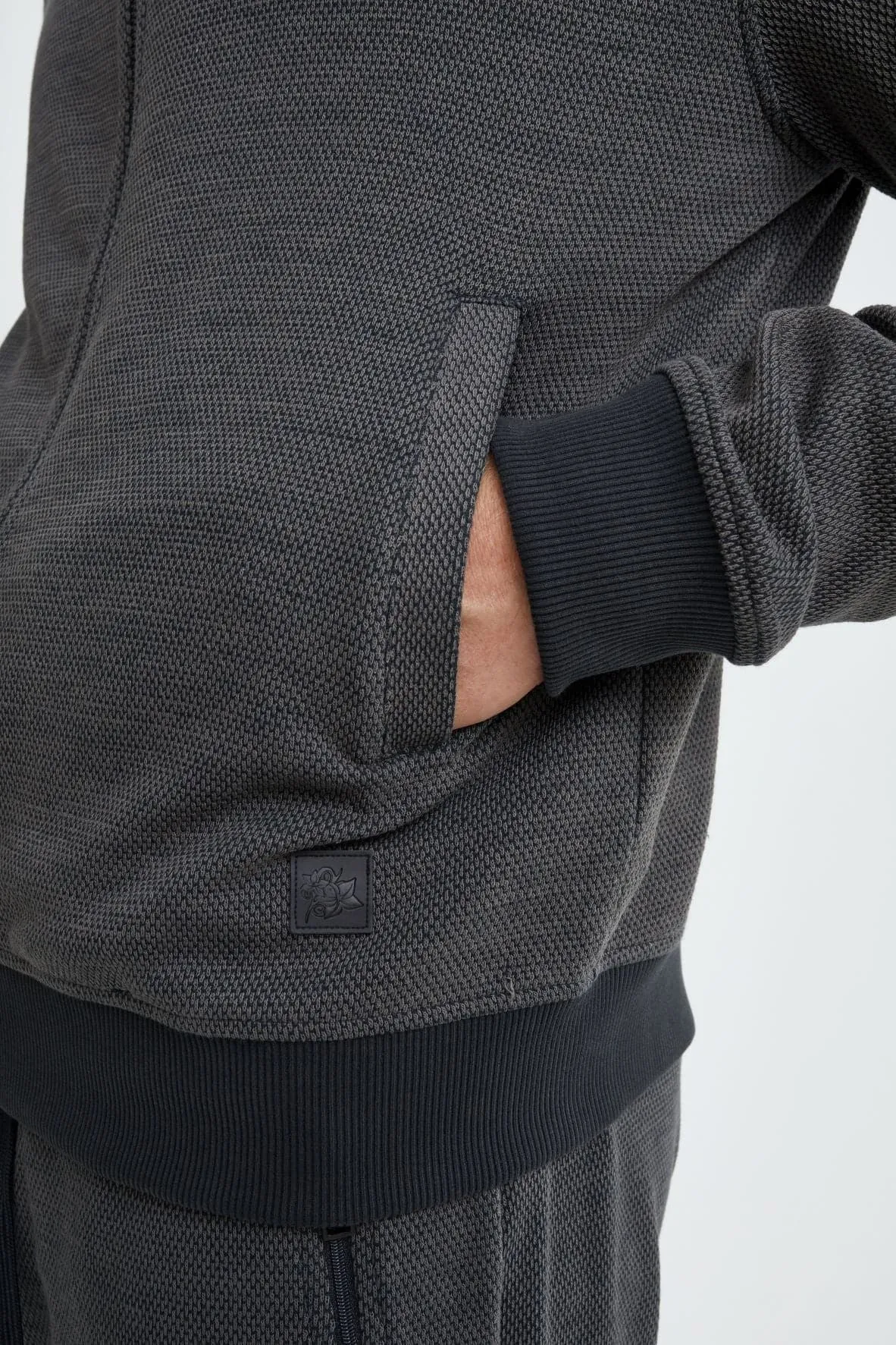 Black Jacquard Knit Zip Front Hoodie