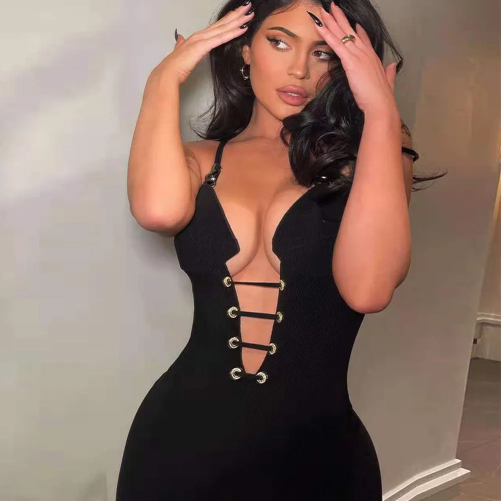 Black Strappy Sleeveless Hollow out Bandage Jumpsuit HL8566