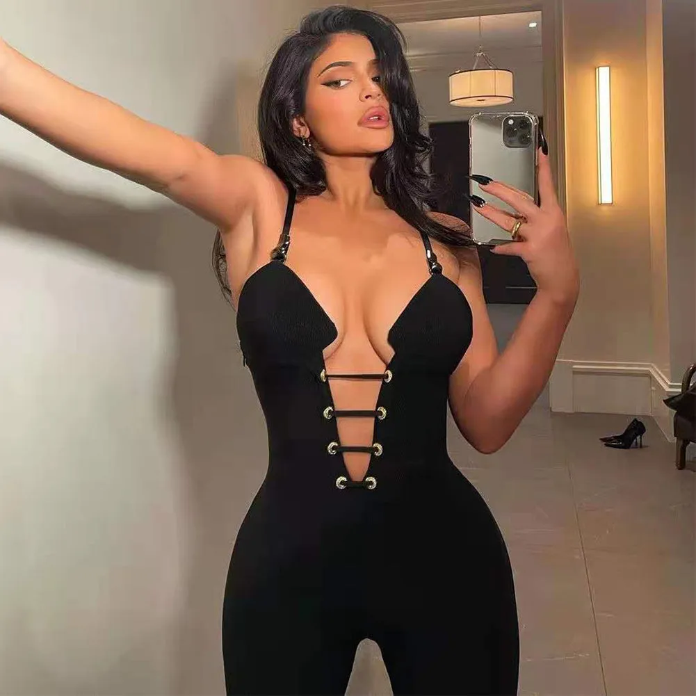 Black Strappy Sleeveless Hollow out Bandage Jumpsuit HL8566