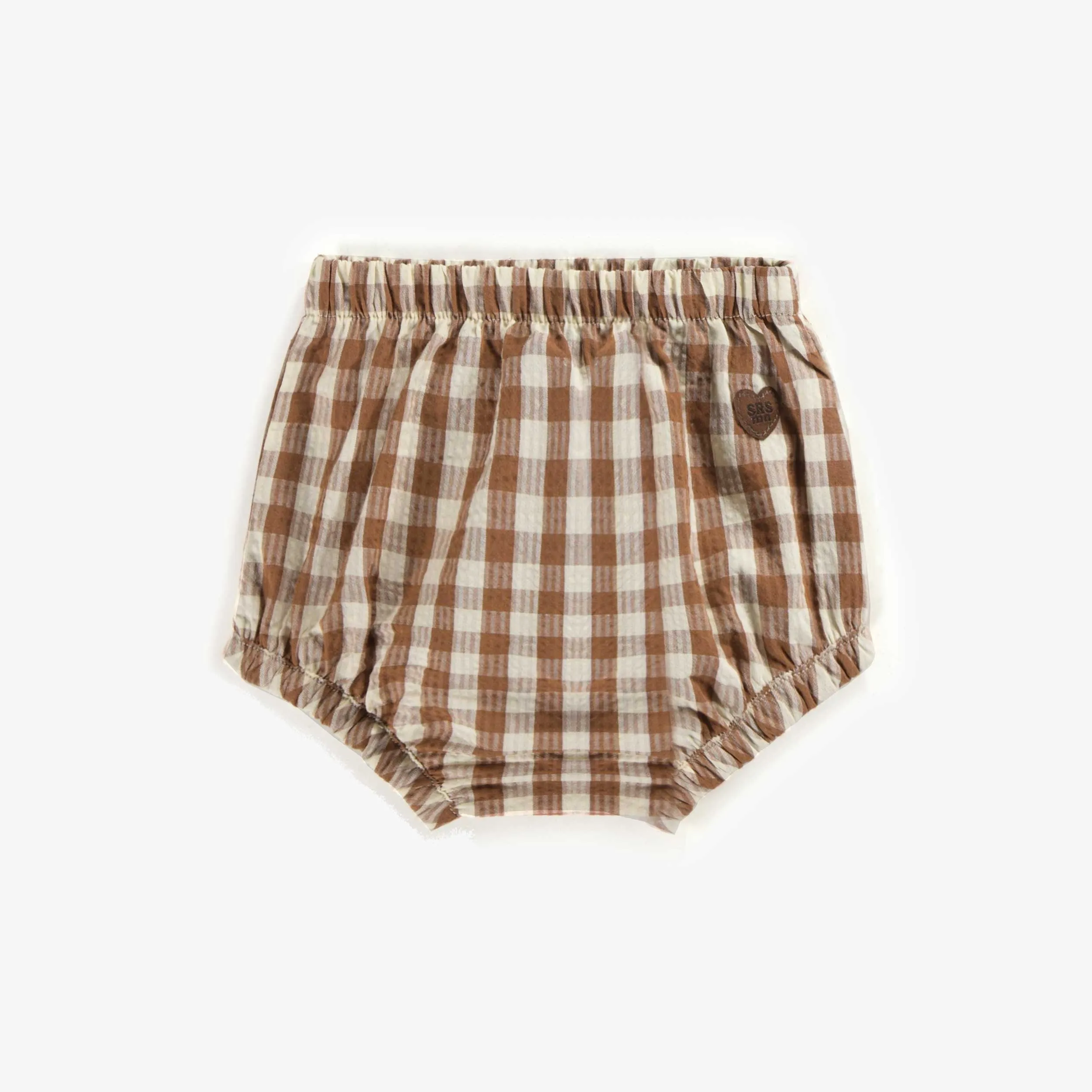 Bloomer à carreaux crème et brun en seersucker, bébé || Cream and brown checked bloomer in seersucker, baby