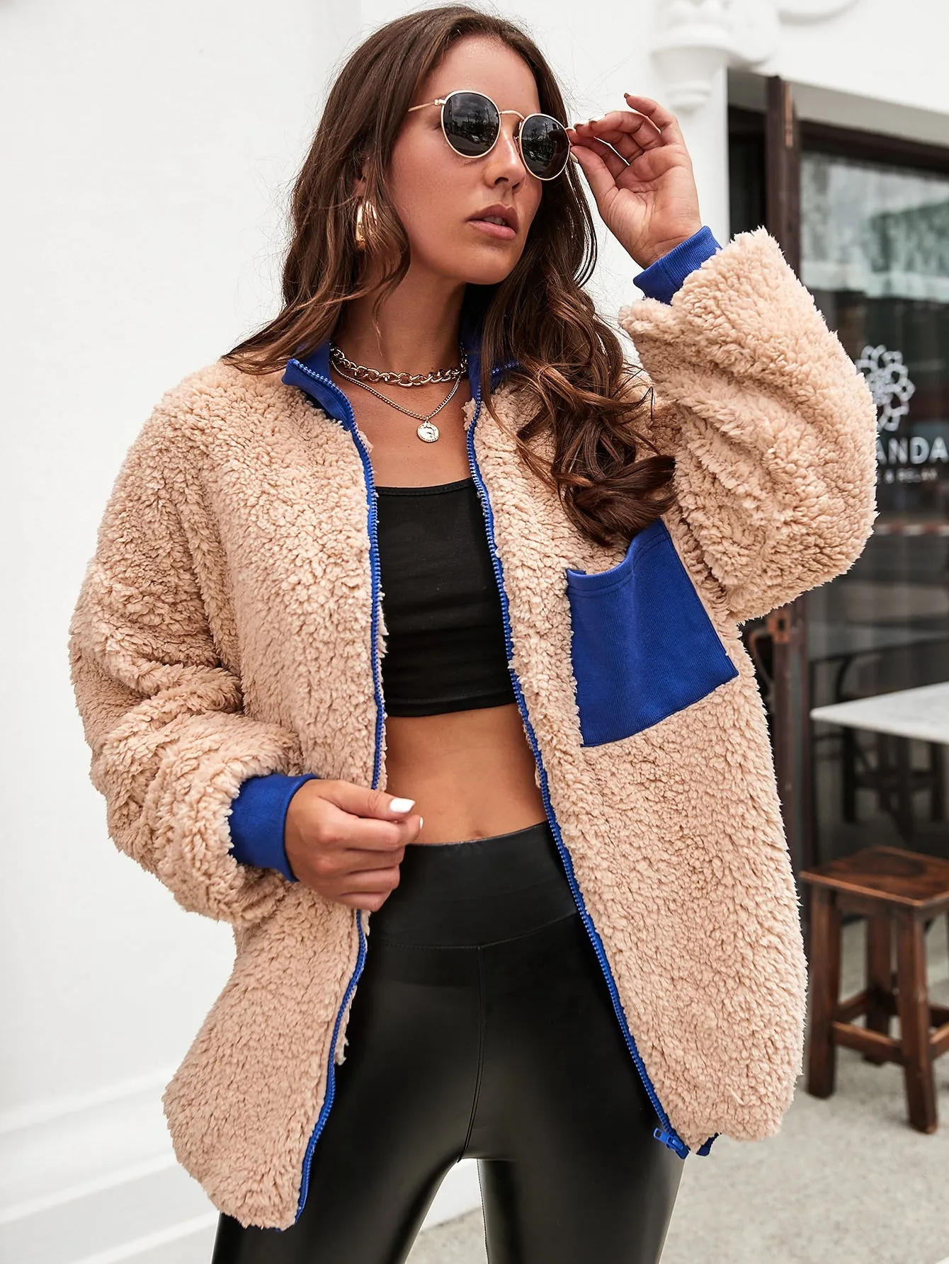 Casual Colorblock Contrast Collar Long Sleeve Funnel Neck Short Women Coat