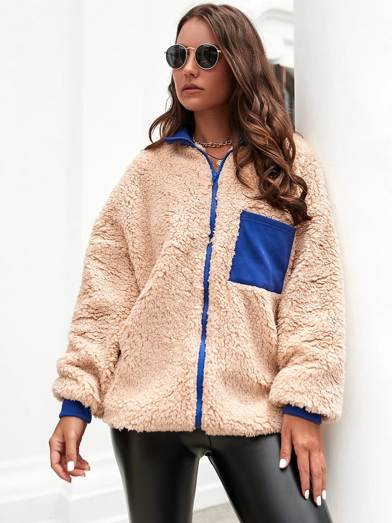 Casual Colorblock Contrast Collar Long Sleeve Funnel Neck Short Women Coat