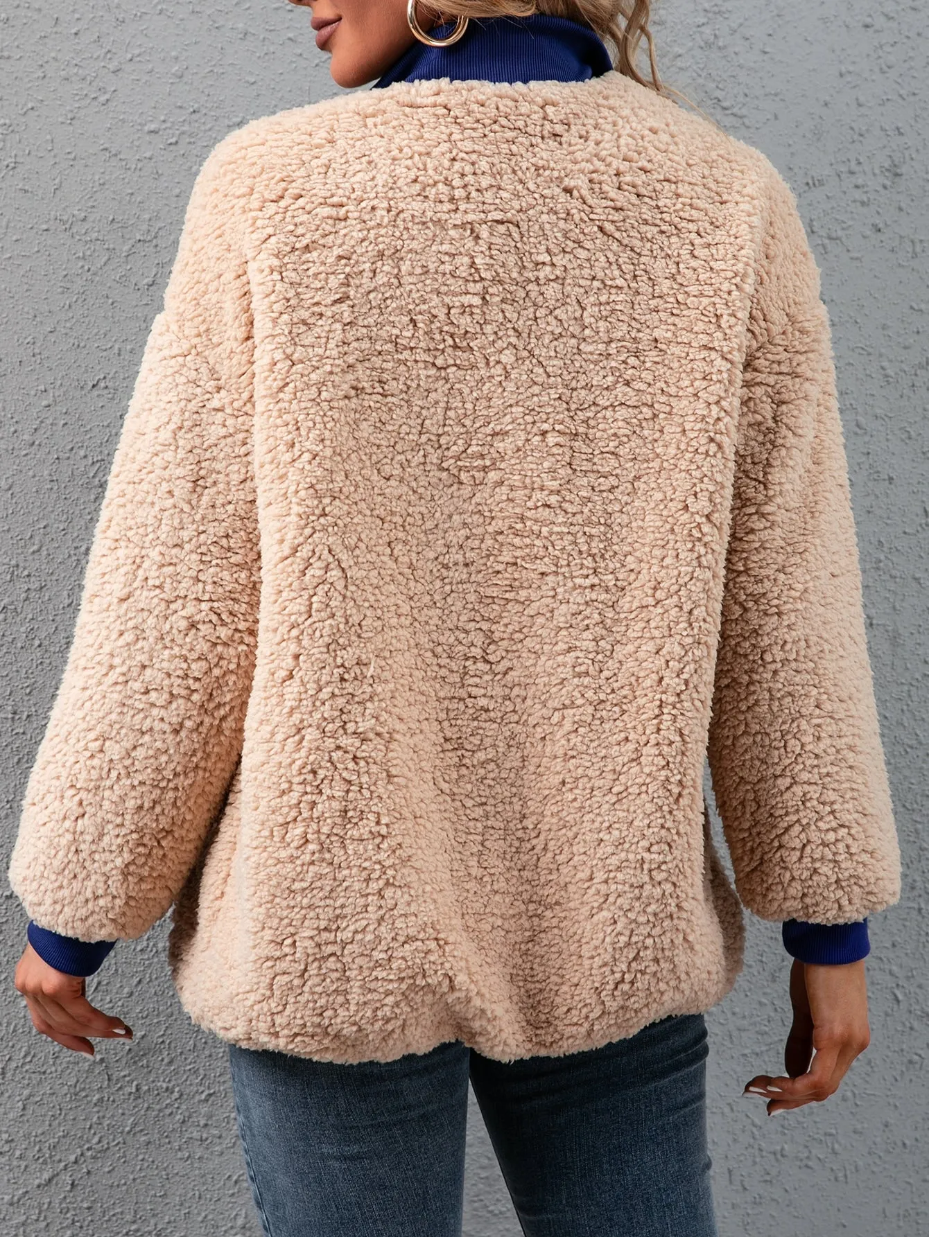 Casual Colorblock Contrast Collar Long Sleeve Funnel Neck Short Women Coat