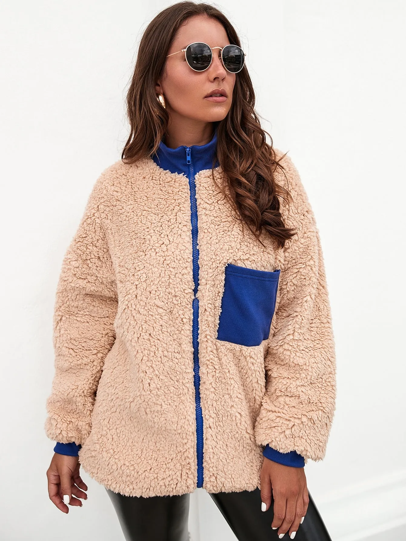 Casual Colorblock Contrast Collar Long Sleeve Funnel Neck Short Women Coat