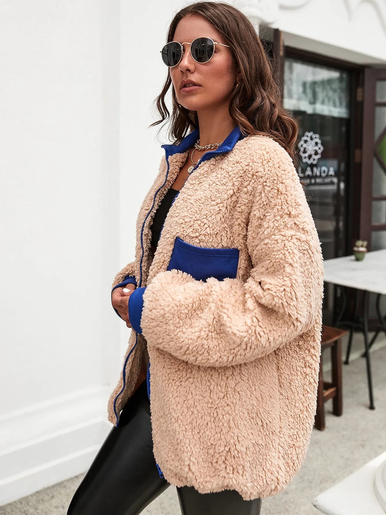 Casual Colorblock Contrast Collar Long Sleeve Funnel Neck Short Women Coat