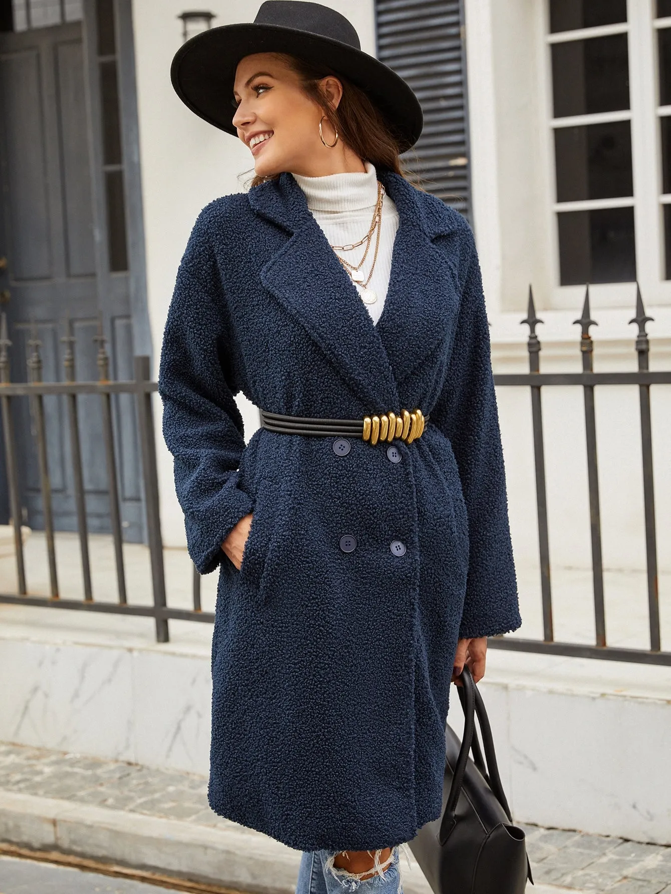 Casual Plain Button Long Sleeve Lapel Knee Length Women Coat