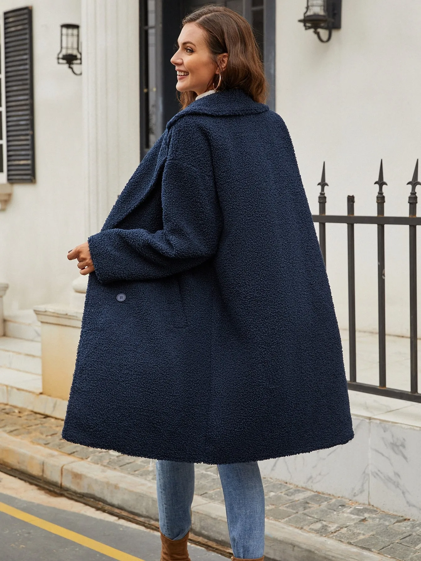 Casual Plain Button Long Sleeve Lapel Knee Length Women Coat