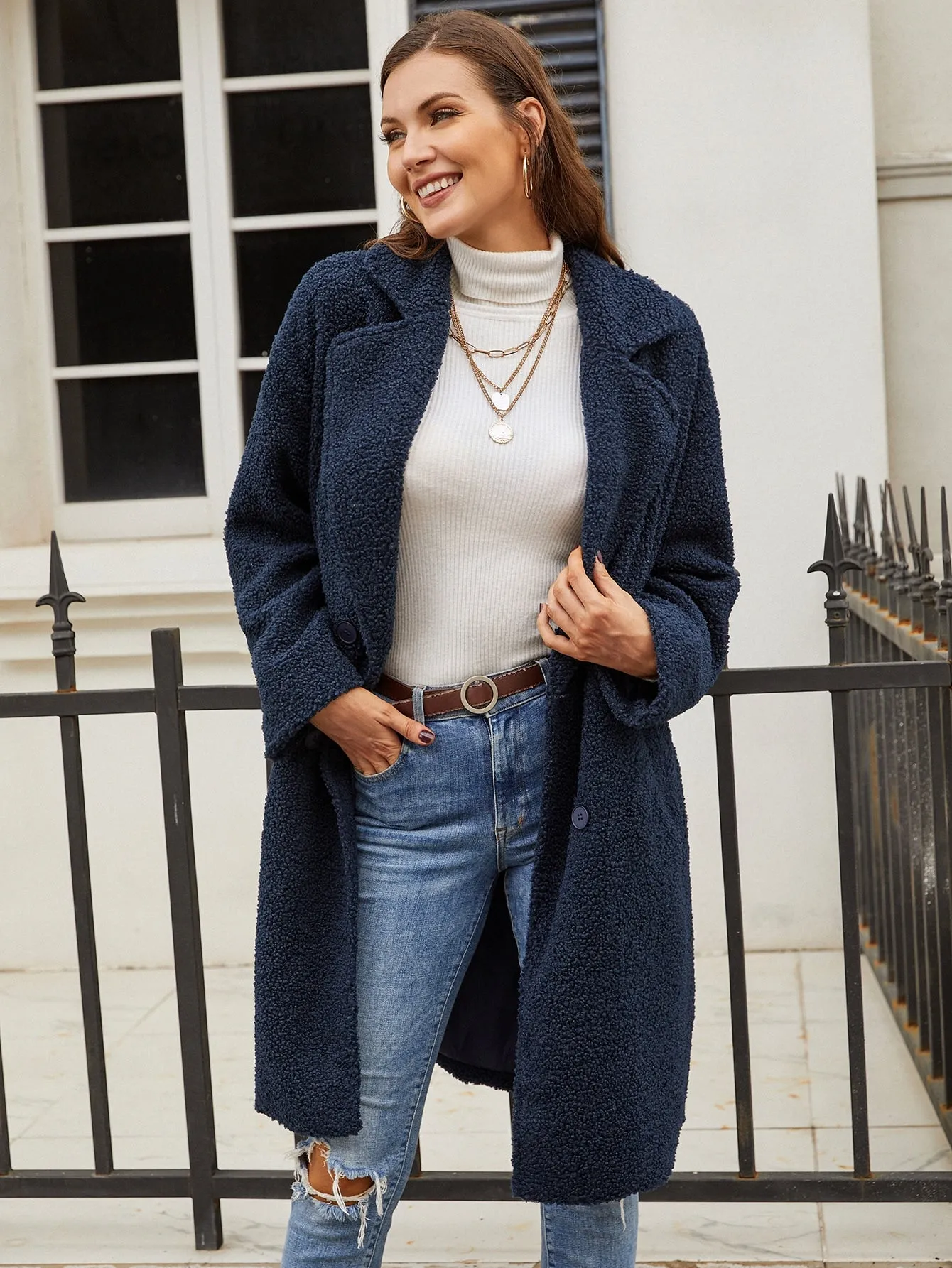 Casual Plain Button Long Sleeve Lapel Knee Length Women Coat
