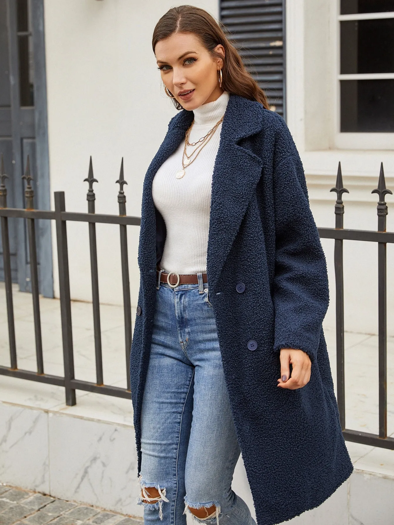 Casual Plain Button Long Sleeve Lapel Knee Length Women Coat