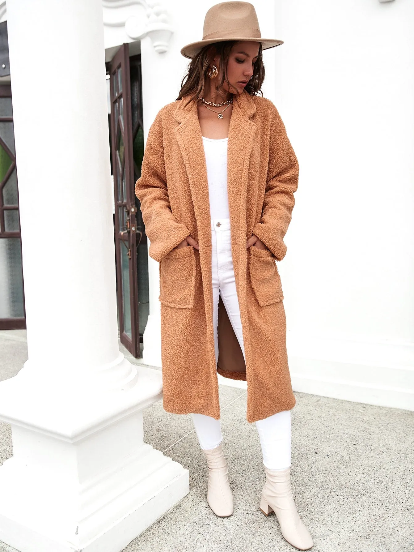 Casual Plain Button Long Sleeve Lapel Long Women Coat