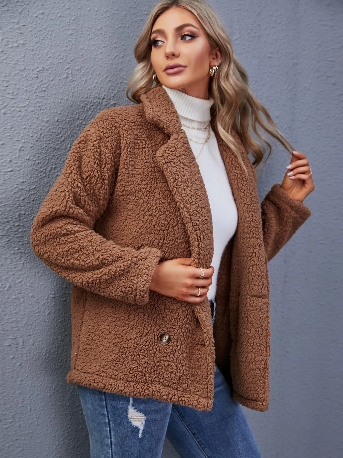 Casual Plain Double Button Long Sleeve Lapel Regular Women Coat