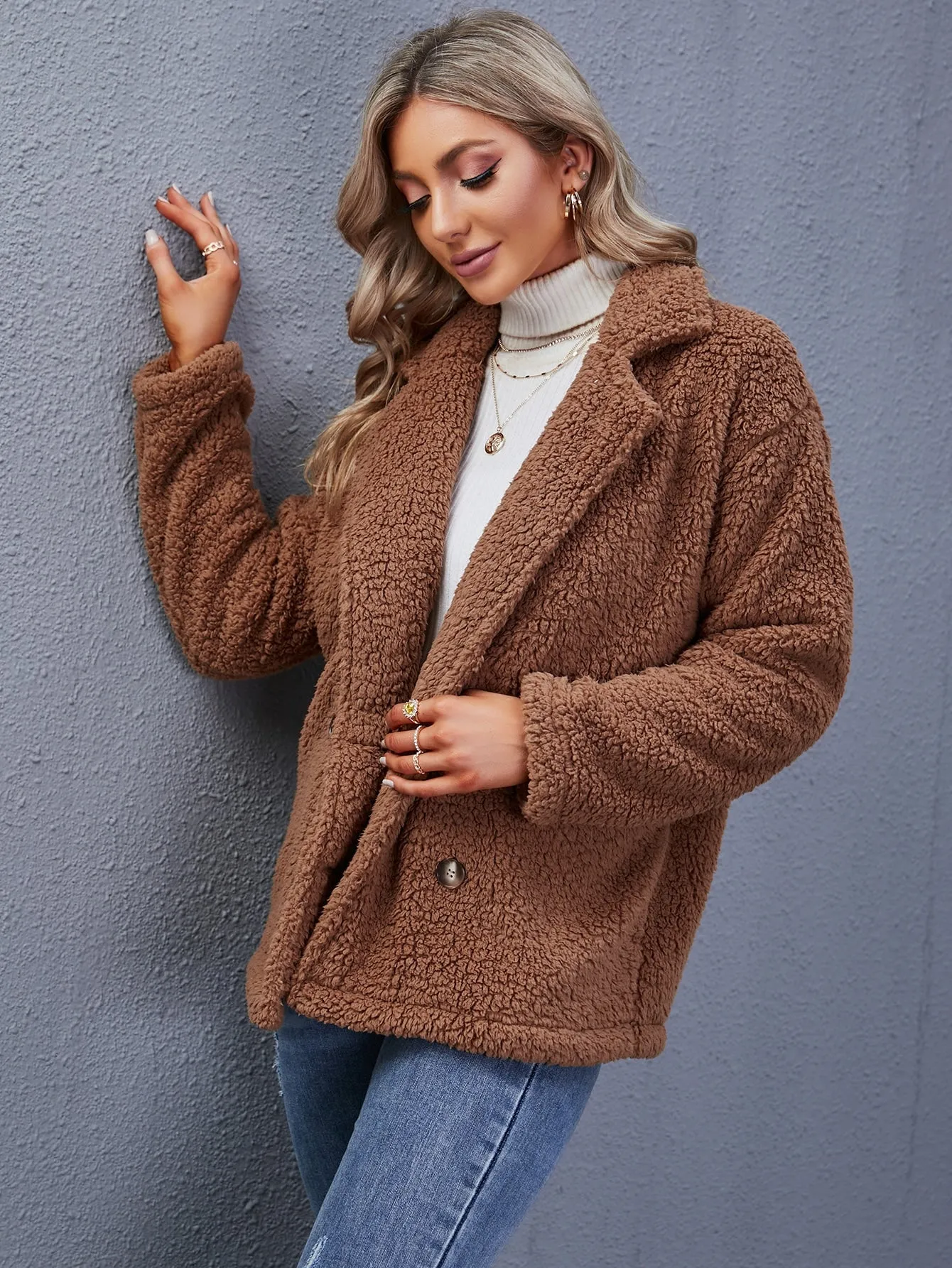 Casual Plain Double Button Long Sleeve Lapel Regular Women Coat