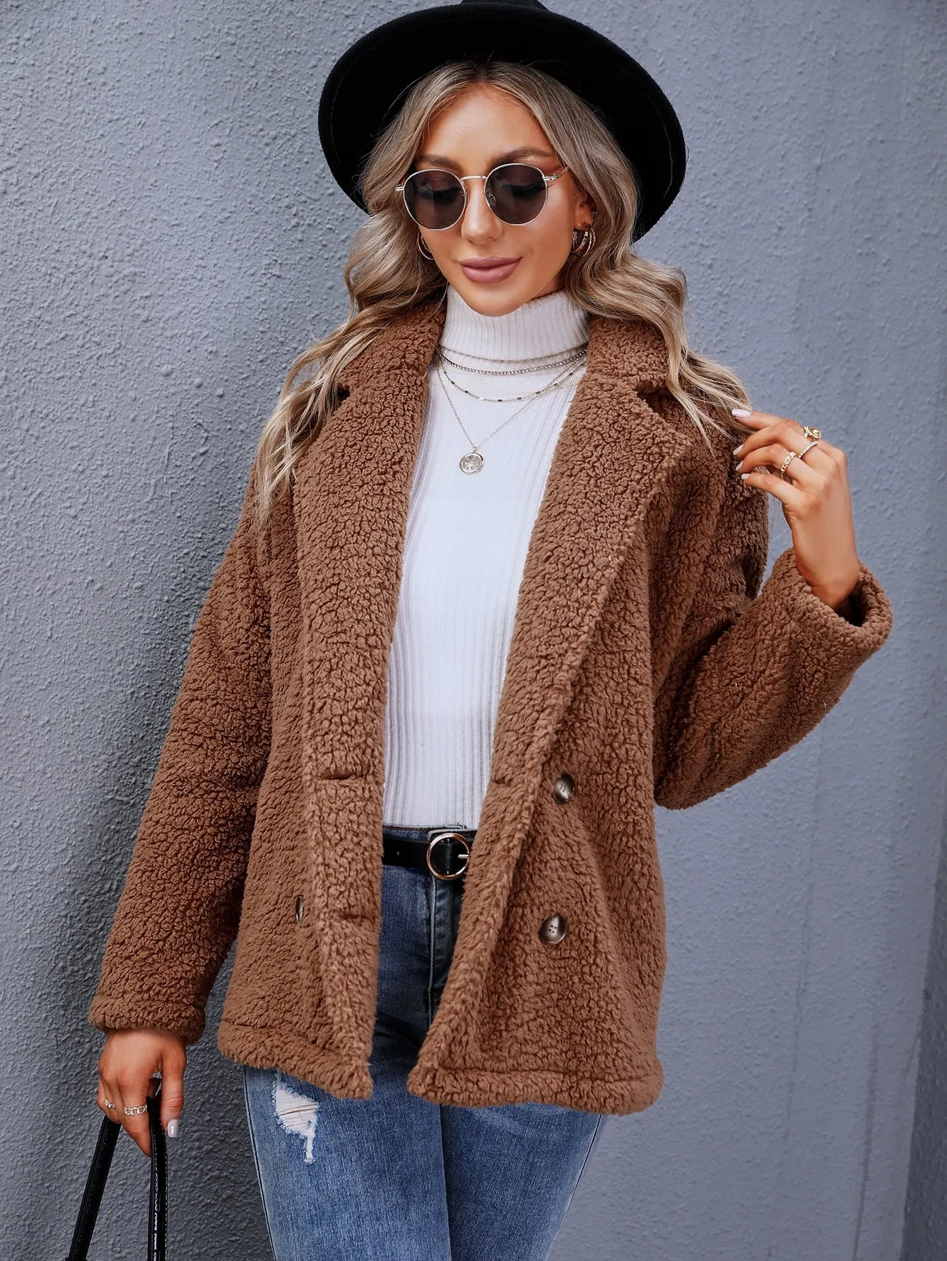 Casual Plain Double Button Long Sleeve Lapel Regular Women Coat