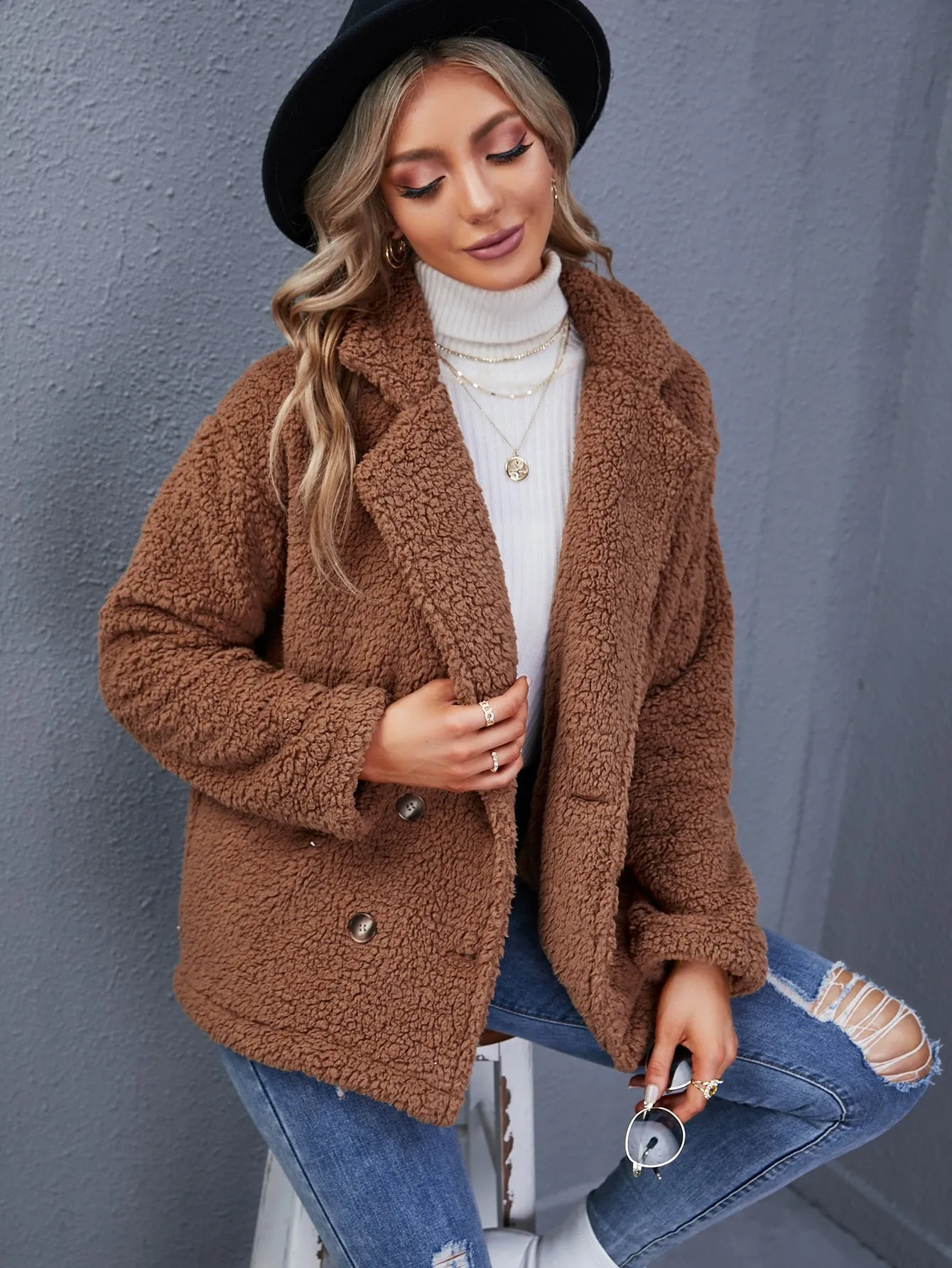 Casual Plain Double Button Long Sleeve Lapel Regular Women Coat