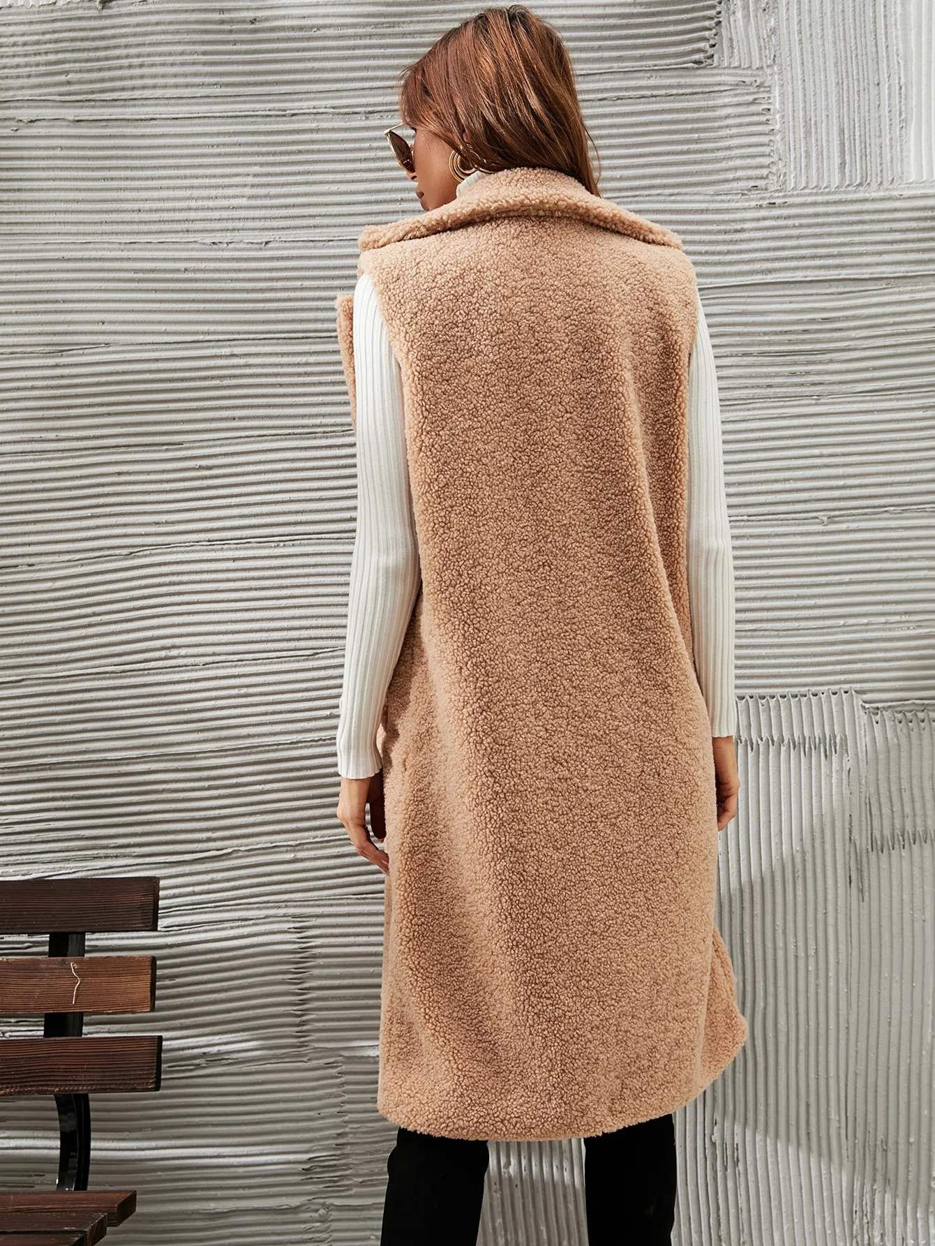 Casual Plain Double Button Sleeveless Lapel Midi Women Coat