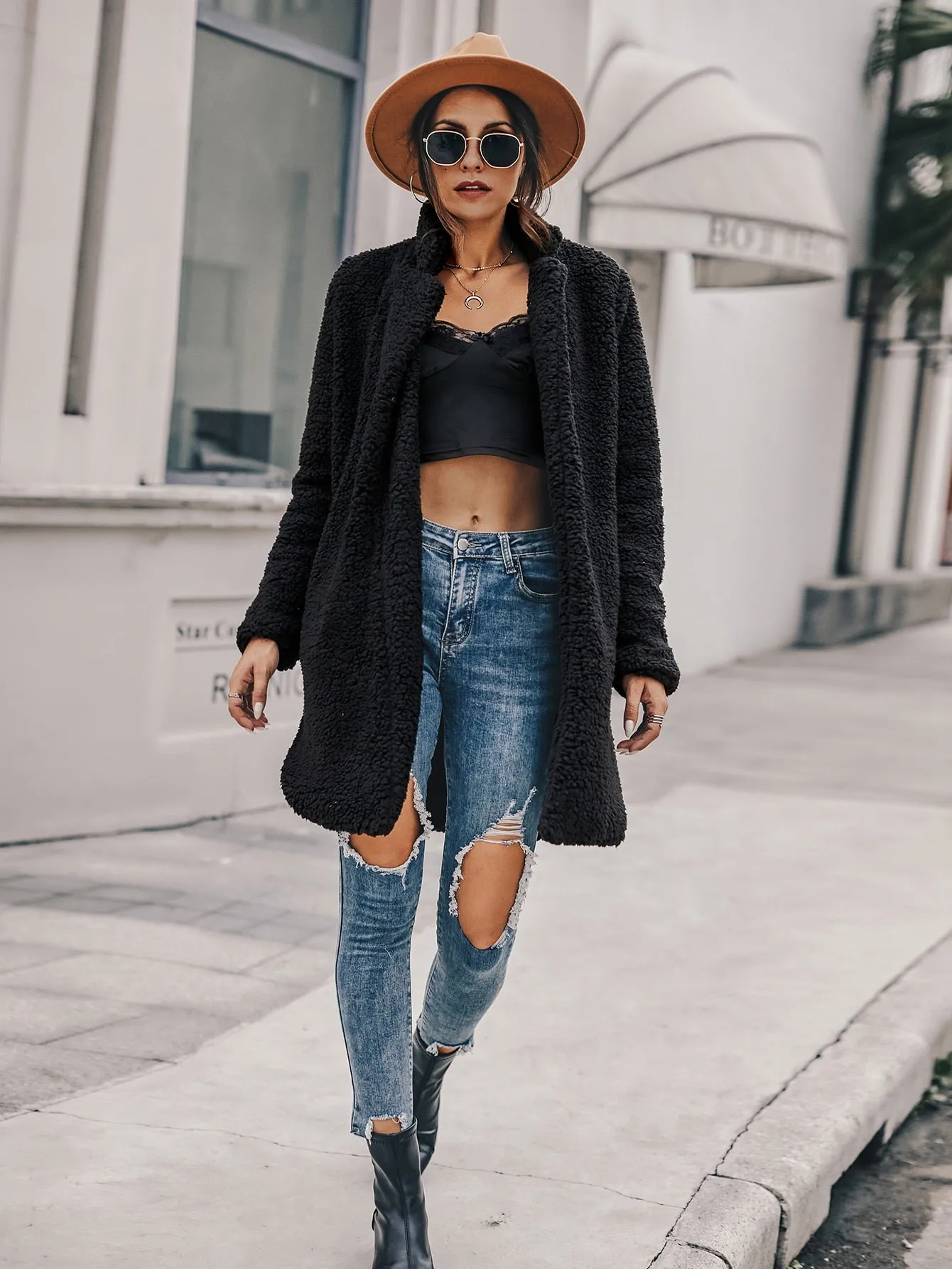 Casual Plain Long Sleeve Lapel Short Women Coat