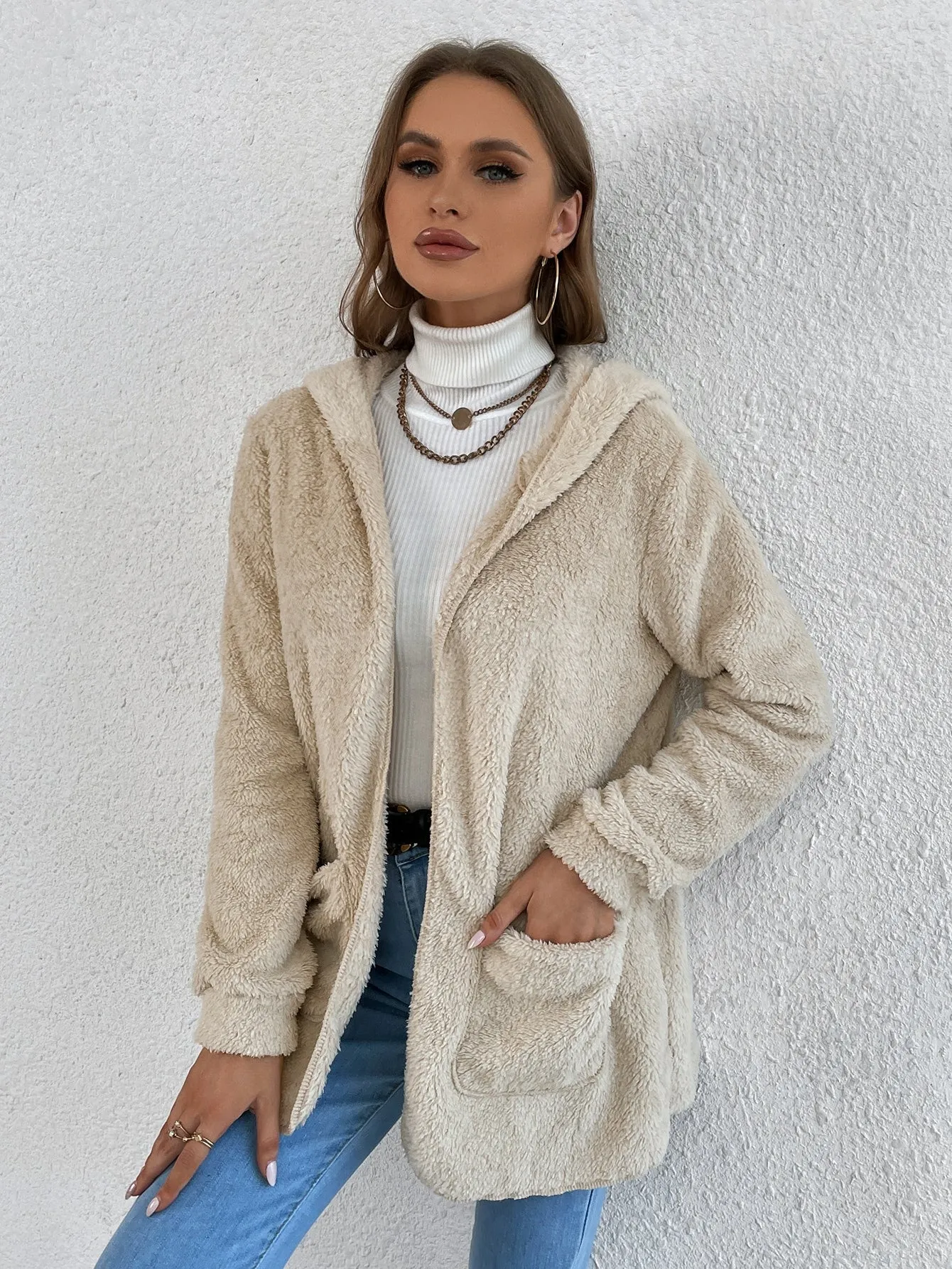 Casual Plain Pocket Long Sleeve Hooded Short Women Coat
