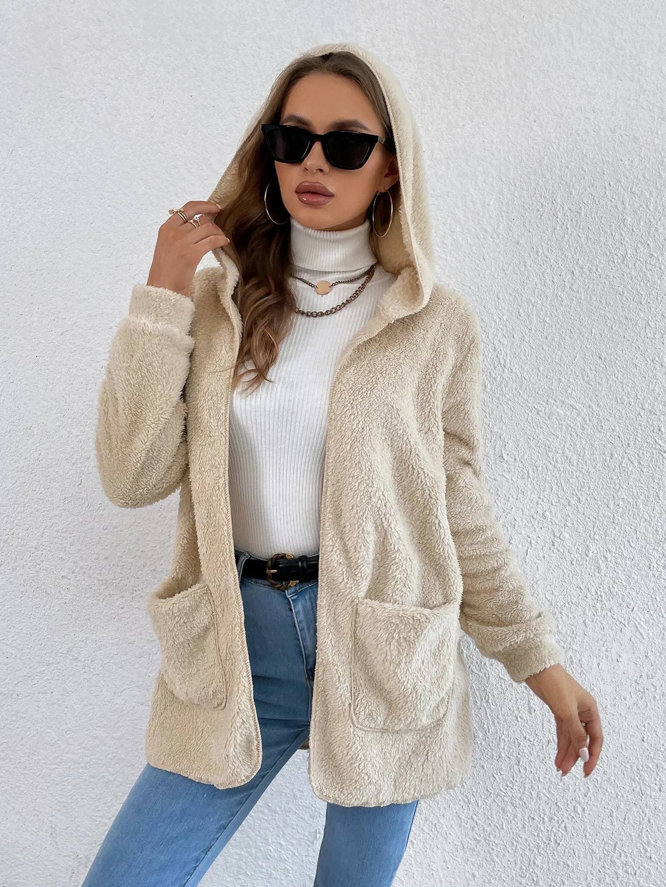 Casual Plain Pocket Long Sleeve Hooded Short Women Coat