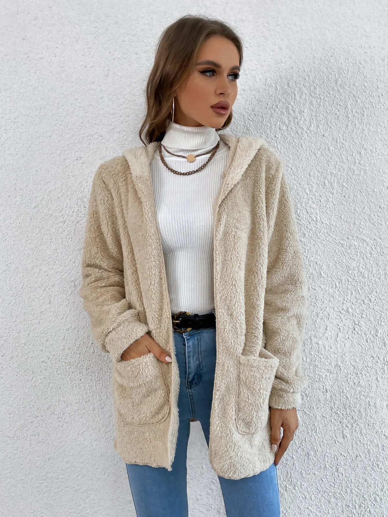 Casual Plain Pocket Long Sleeve Hooded Short Women Coat