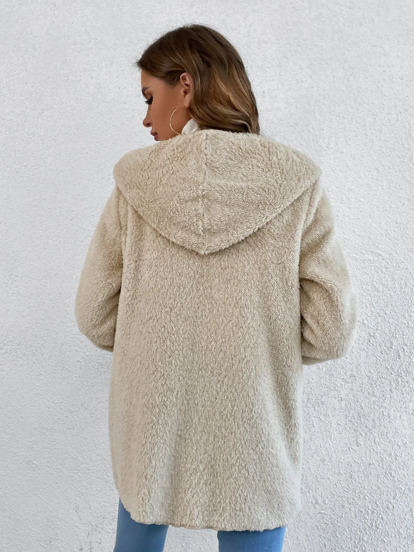 Casual Plain Pocket Long Sleeve Hooded Short Women Coat