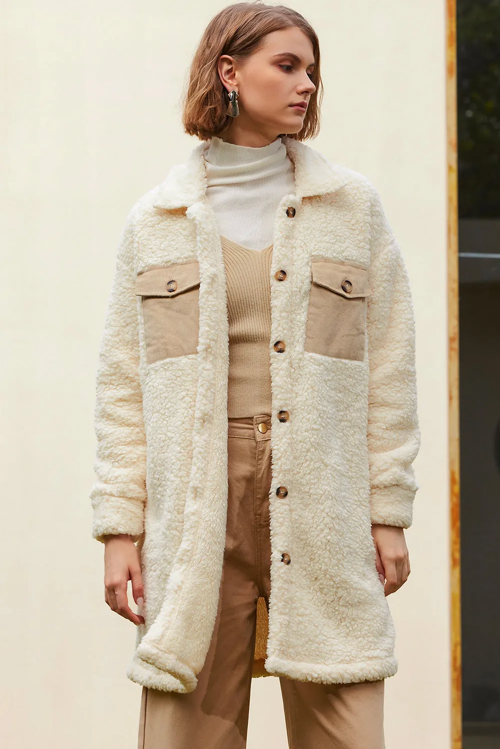 Contrast Flap Pocket Single Breasted Teddy Coat