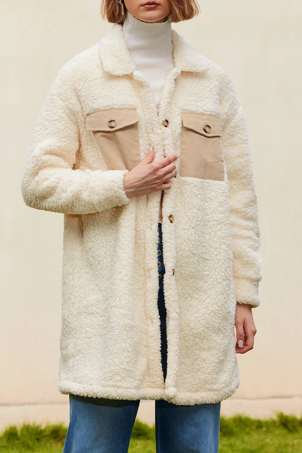 Contrast Flap Pocket Single Breasted Teddy Coat
