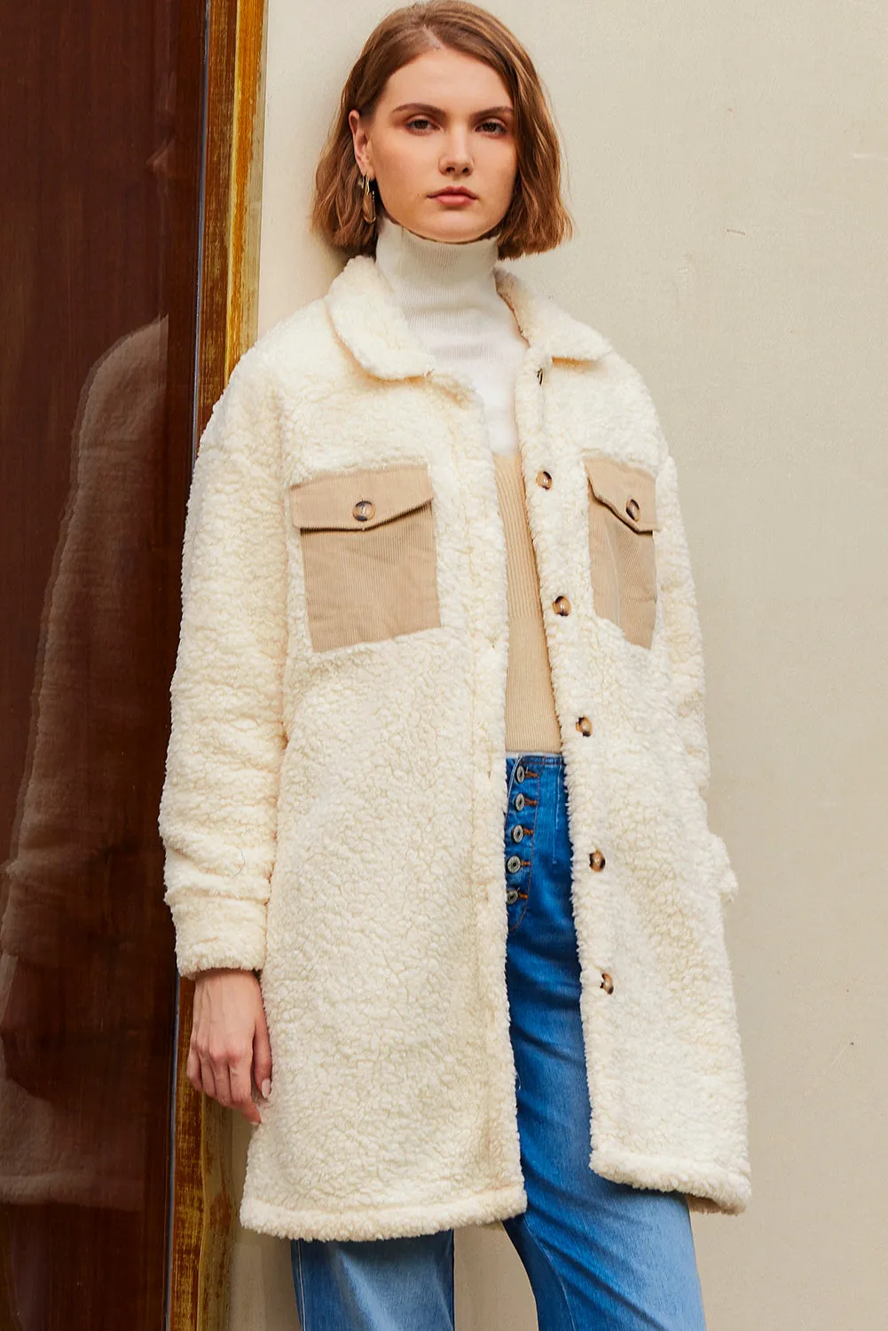 Contrast Flap Pocket Single Breasted Teddy Coat