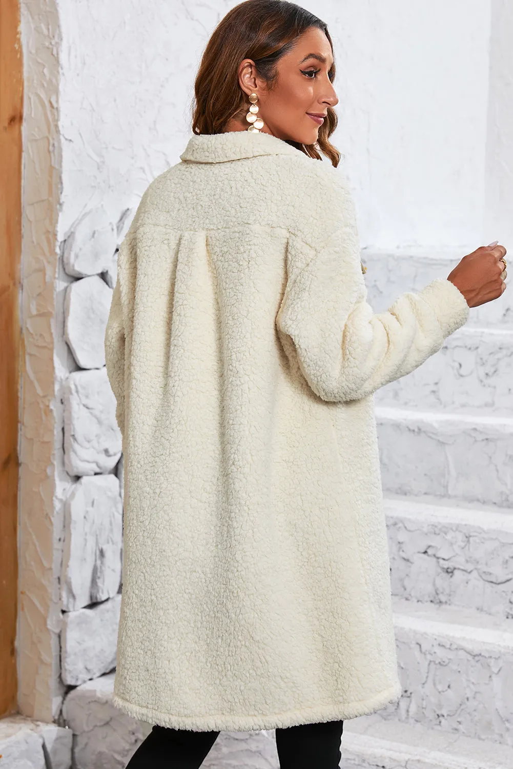 Contrast Flap Pocket Single Breasted Teddy Coat