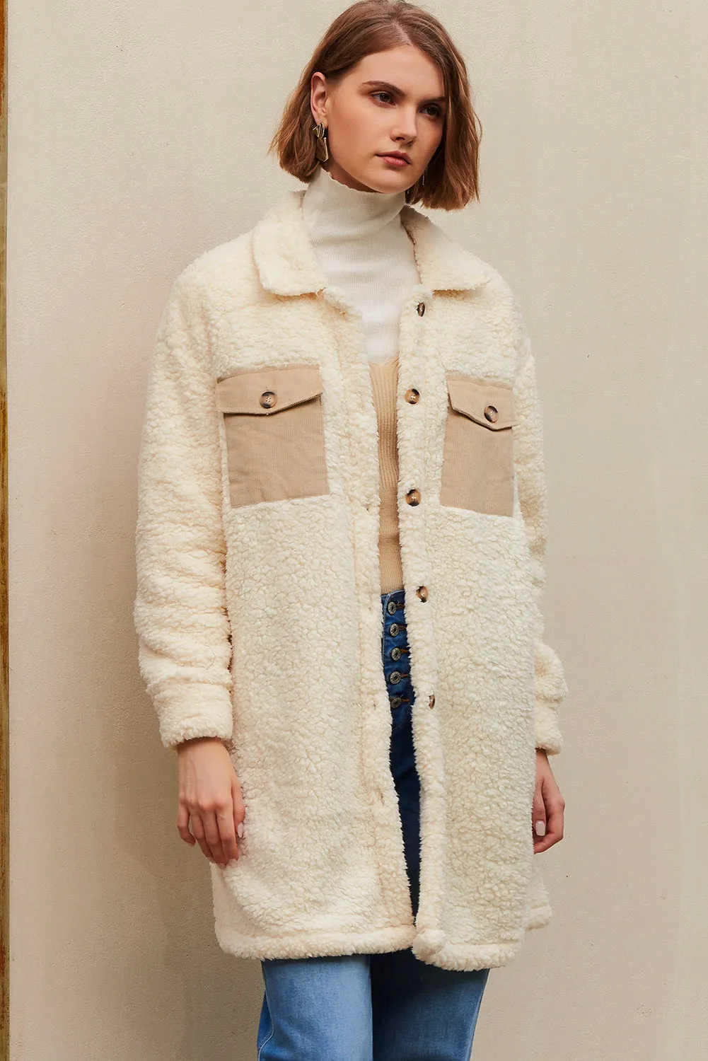 Contrast Flap Pocket Single Breasted Teddy Coat