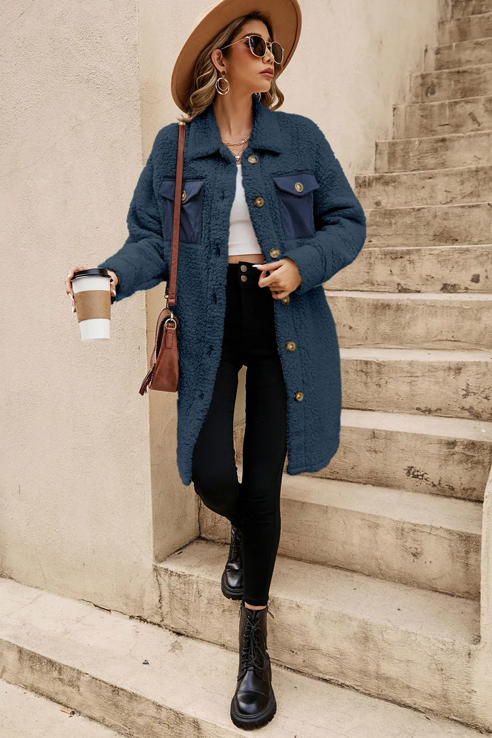 Contrast Flap Pocket Single Breasted Teddy Coat