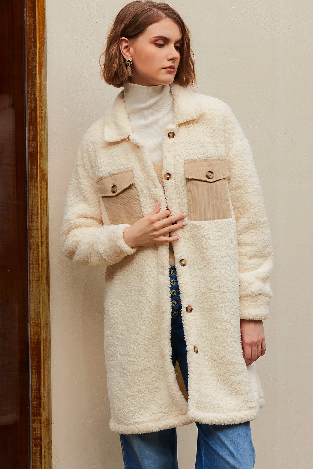 Contrast Flap Pocket Single Breasted Teddy Coat