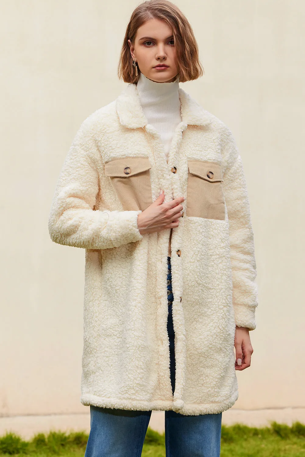 Contrast Flap Pocket Single Breasted Teddy Coat