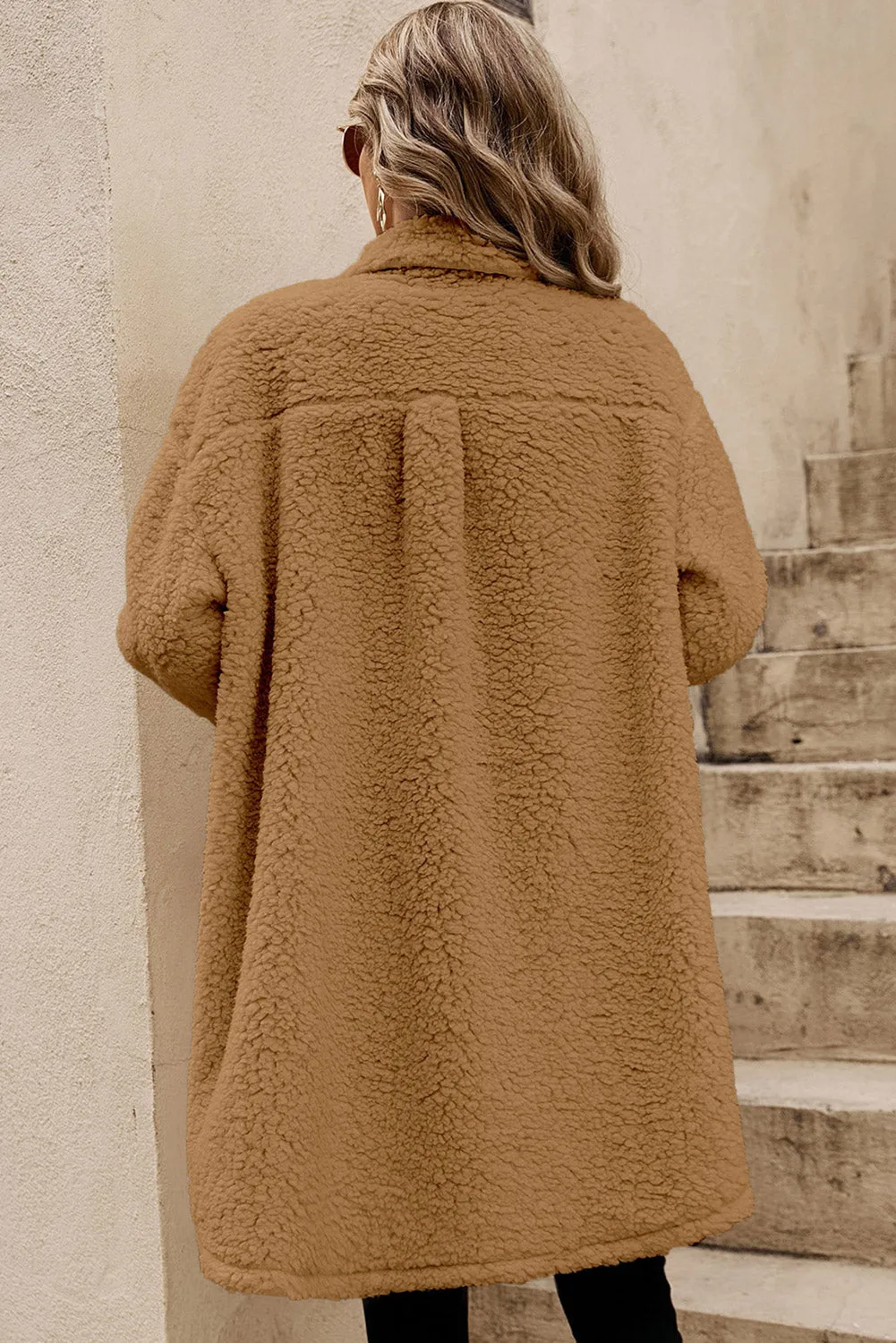 Contrast Flap Pocket Single Breasted Teddy Coat