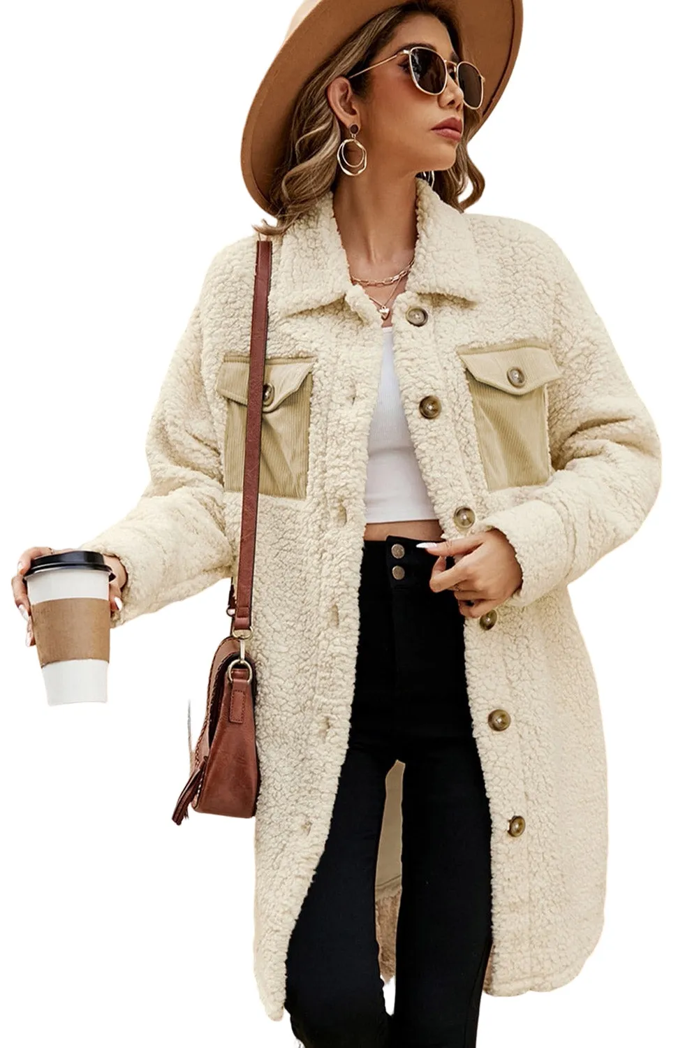 Contrast Flap Pocket Single Breasted Teddy Coat