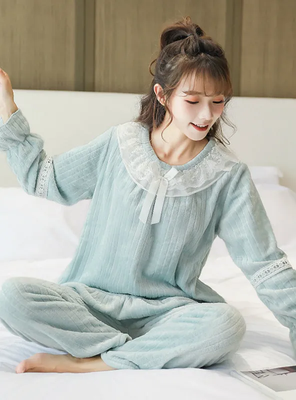 Flannel Pajamas Trousers Solid Lace Sweet Sleepwear