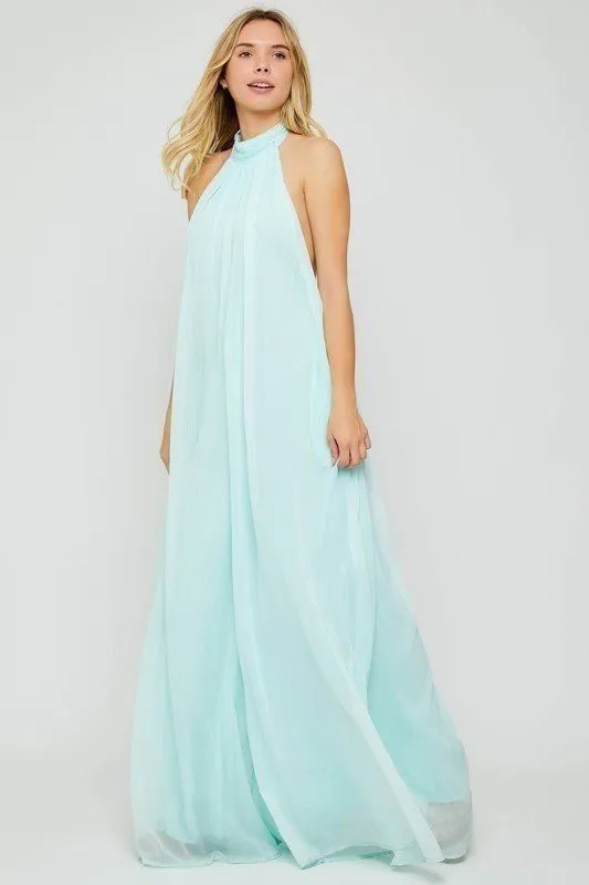 Halter Neck Orange Backless Loose Fit Chiffon Wide Leg Jumpsuit