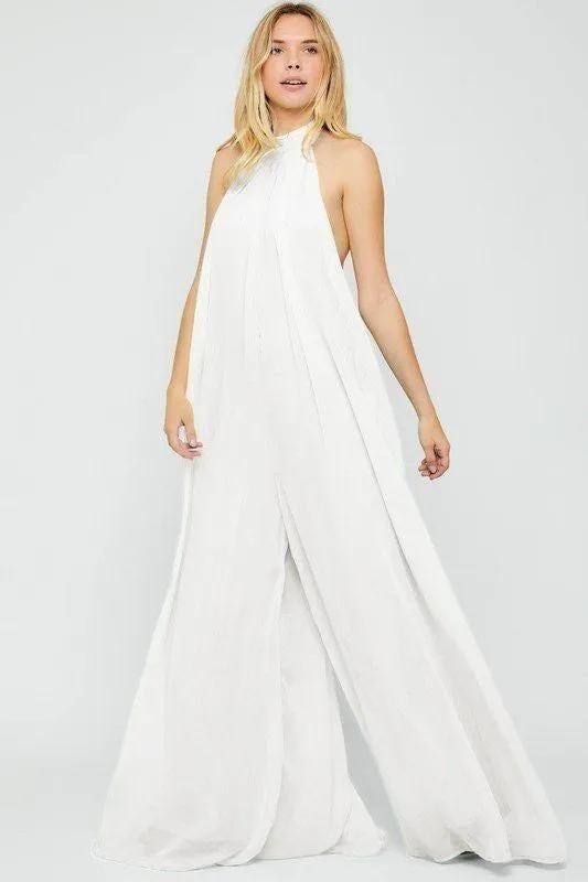Halter Neck Orange Backless Loose Fit Chiffon Wide Leg Jumpsuit