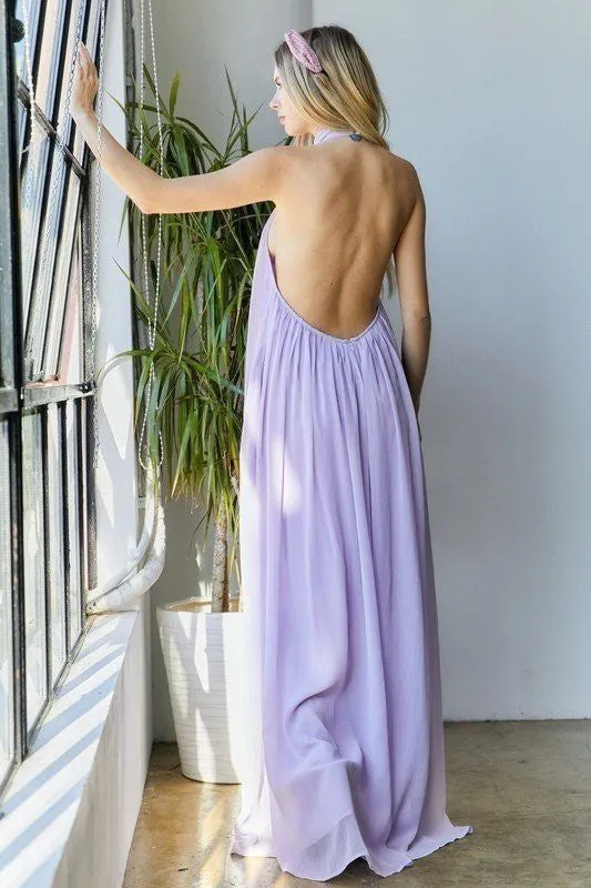 Halter Neck Orange Backless Loose Fit Chiffon Wide Leg Jumpsuit