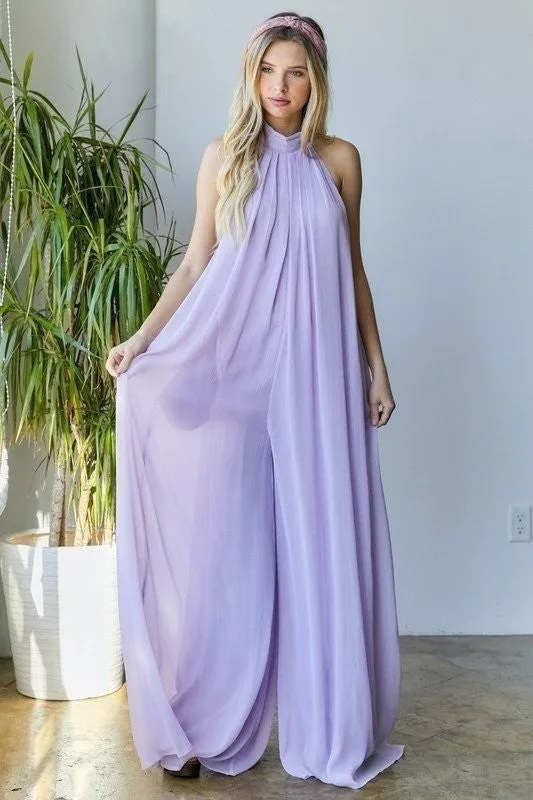 Halter Neck Orange Backless Loose Fit Chiffon Wide Leg Jumpsuit