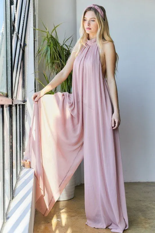 Halter Neck Orange Backless Loose Fit Chiffon Wide Leg Jumpsuit
