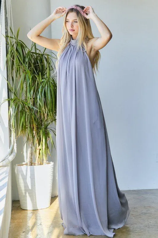 Halter Neck Orange Backless Loose Fit Chiffon Wide Leg Jumpsuit