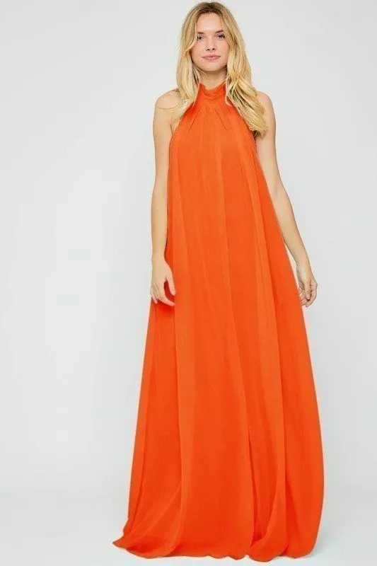Halter Neck Orange Backless Loose Fit Chiffon Wide Leg Jumpsuit