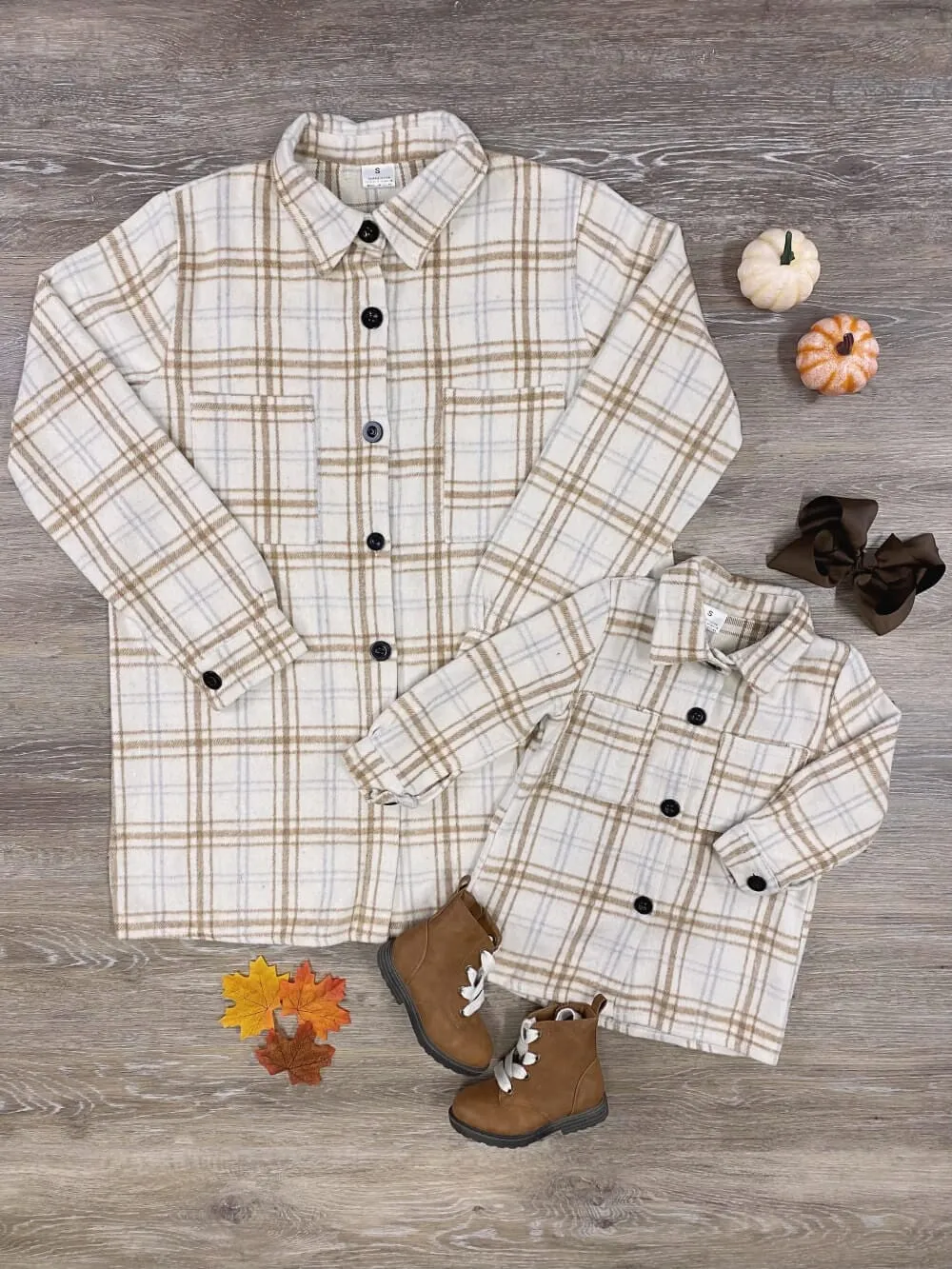 Mom and Me - Cream & Tan Plaid Shacket