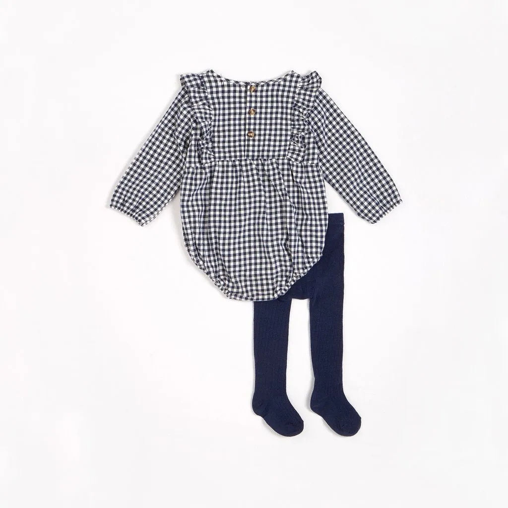 Petit Lem Navy Gingham Print Brushed Twill Romper with Tights (2 pcs)