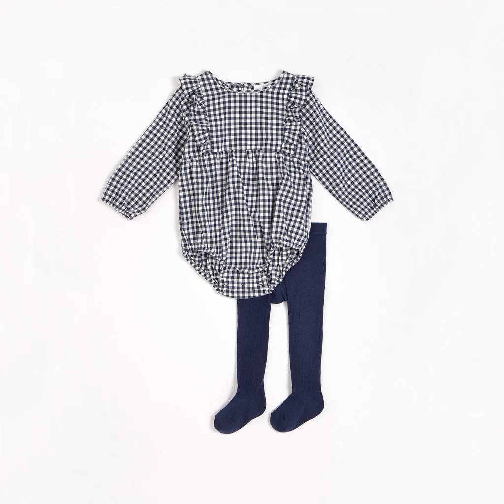 Petit Lem Navy Gingham Print Brushed Twill Romper with Tights (2 pcs)