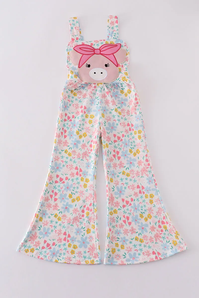 Pink floral pig applique jumpsuit