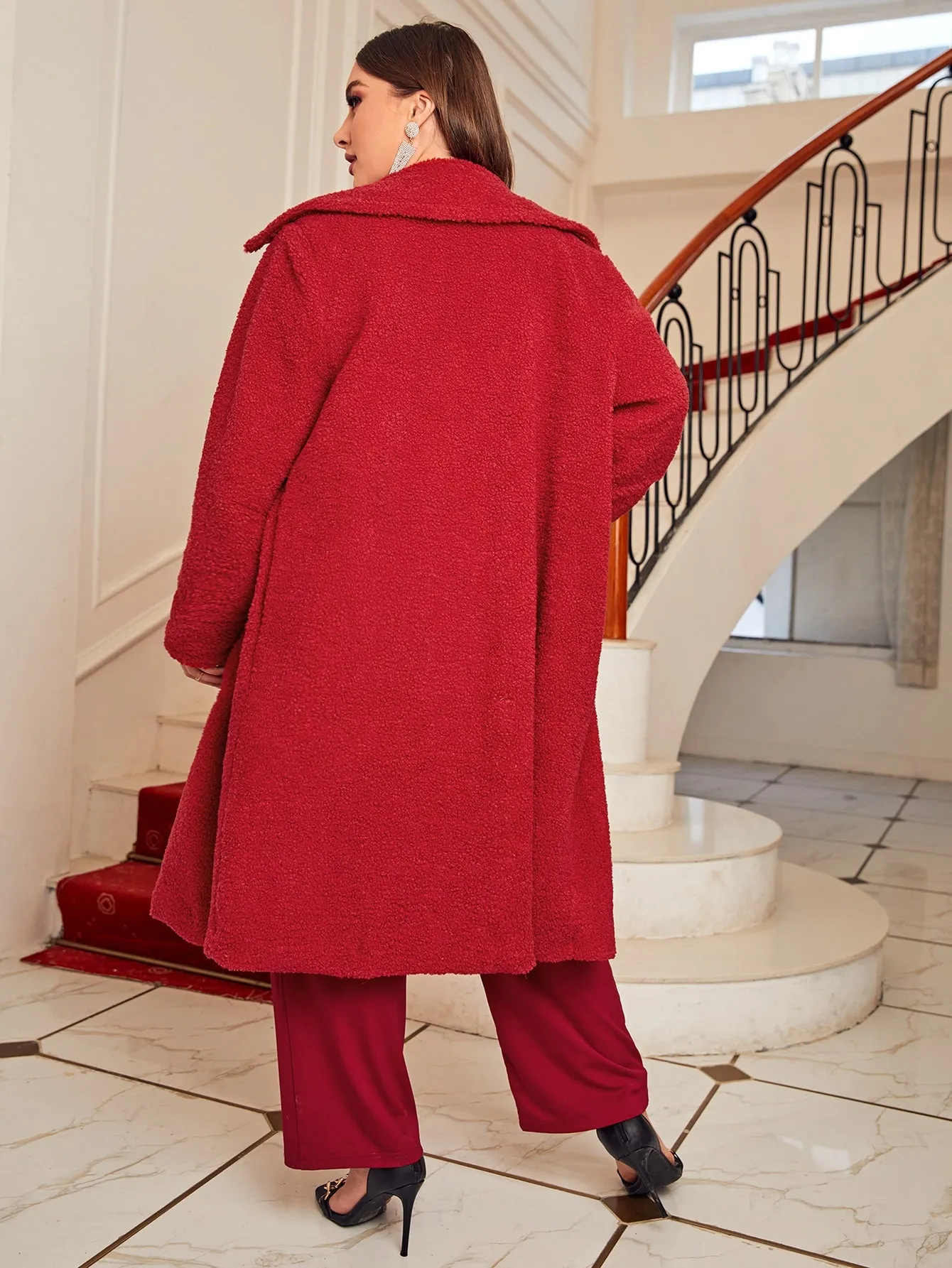Plain Double Button Long Sleeve Lapel Midi Plus Size Coat