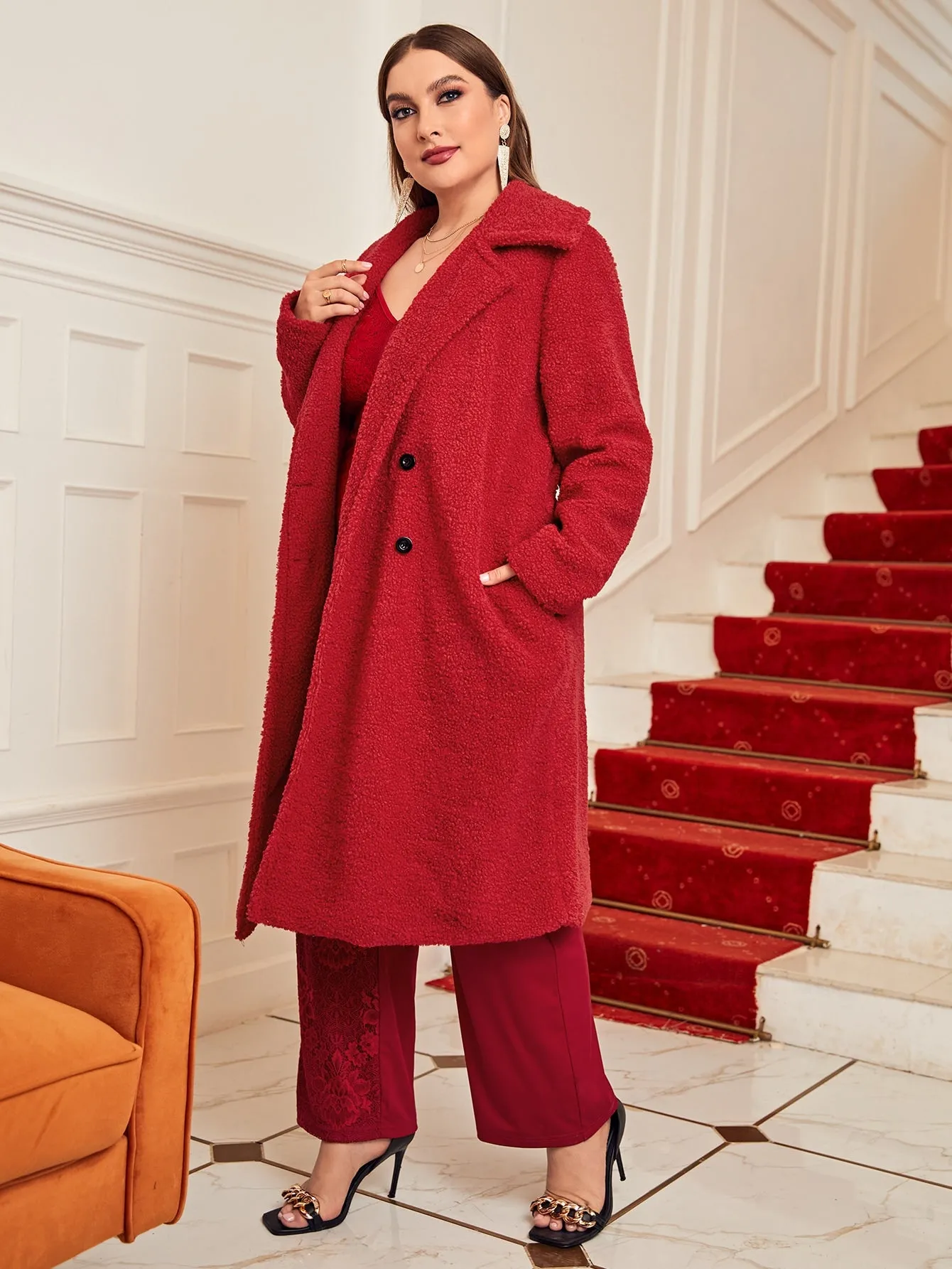 Plain Double Button Long Sleeve Lapel Midi Plus Size Coat